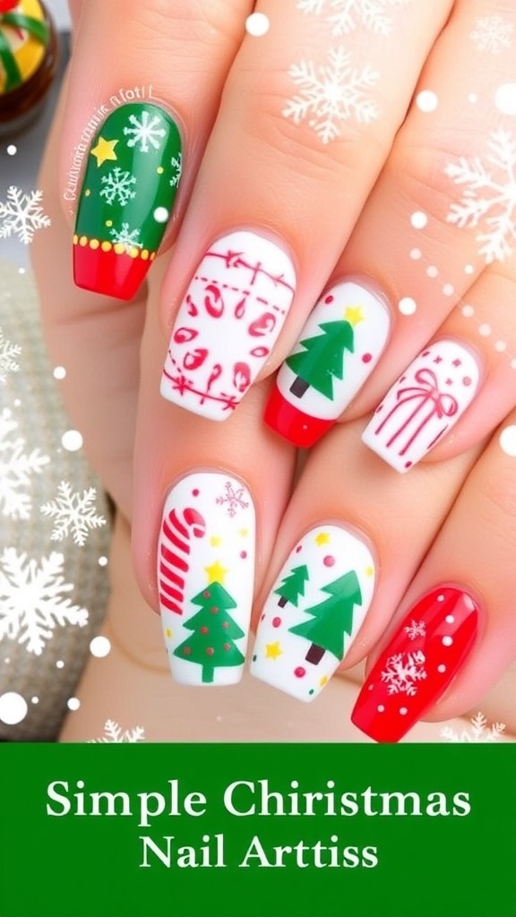 A collection of Christmas-themed nail art designs in red and green with festive decorations.